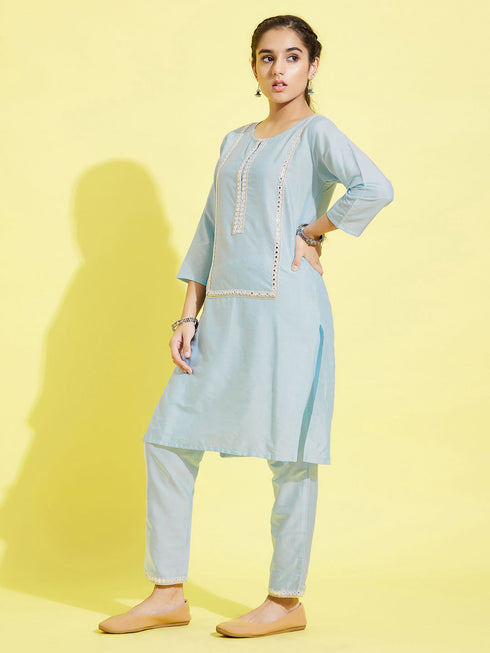 Girl's' Aqua Viscose Kurta And Straight Pant Set